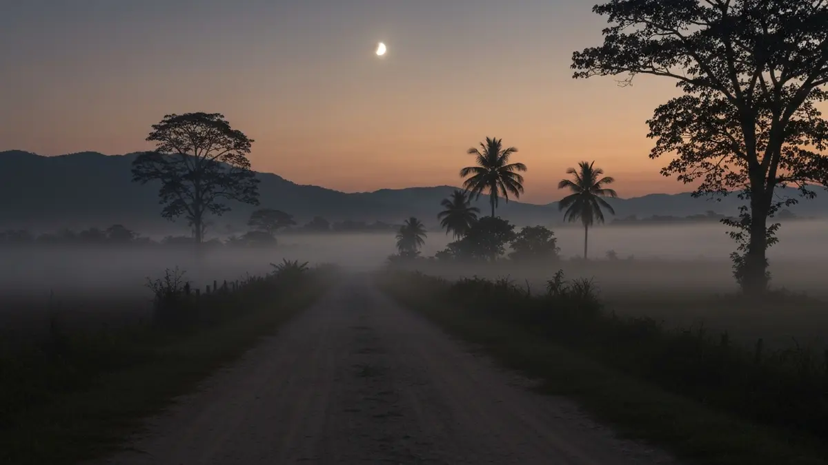 Un camino de tierra centroamericano al caer la noche, el escenario tradicional donde se dice que aparece el Cadejo a los viajeros solitarios. Un camino de tierra centroamericano al caer la noche, el escenario tradicional donde se dice que aparece el Cadejo a los viajeros solitarios.
