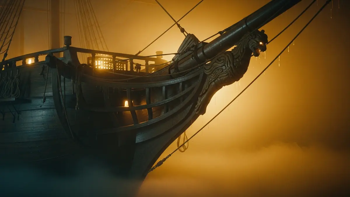 Se describe como un barco iluminado que aparece de noche.