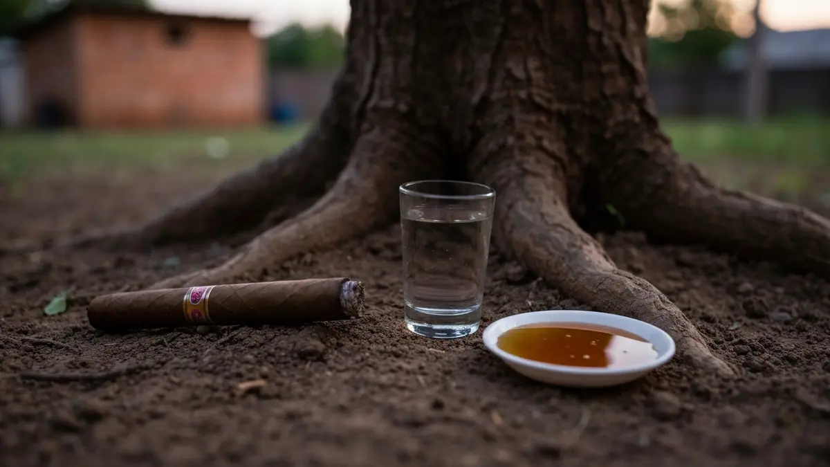 Una ofrenda de tabaco y caña dejada al pie de un árbol en el patio, según la costumbre rural.