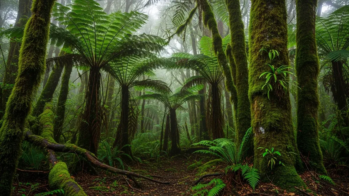 Bosque húmedo y neblinoso de Chiloé, con helechos gigantes y troncos cubiertos de musgo, el hábitat que la tradición atribuye al Trauco.