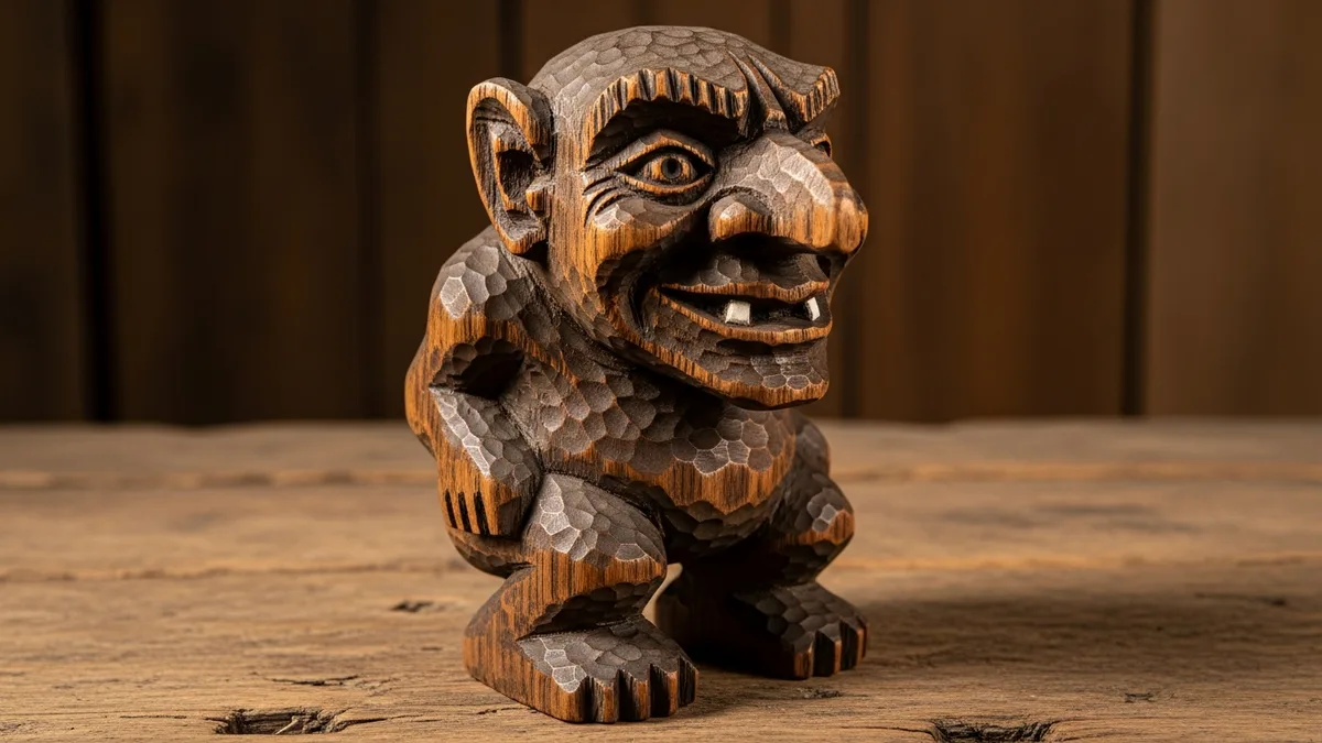 Figura del Trauco tallada en madera, como las que se venden hoy en las ferias artesanales del archipiélago de Chiloé.
