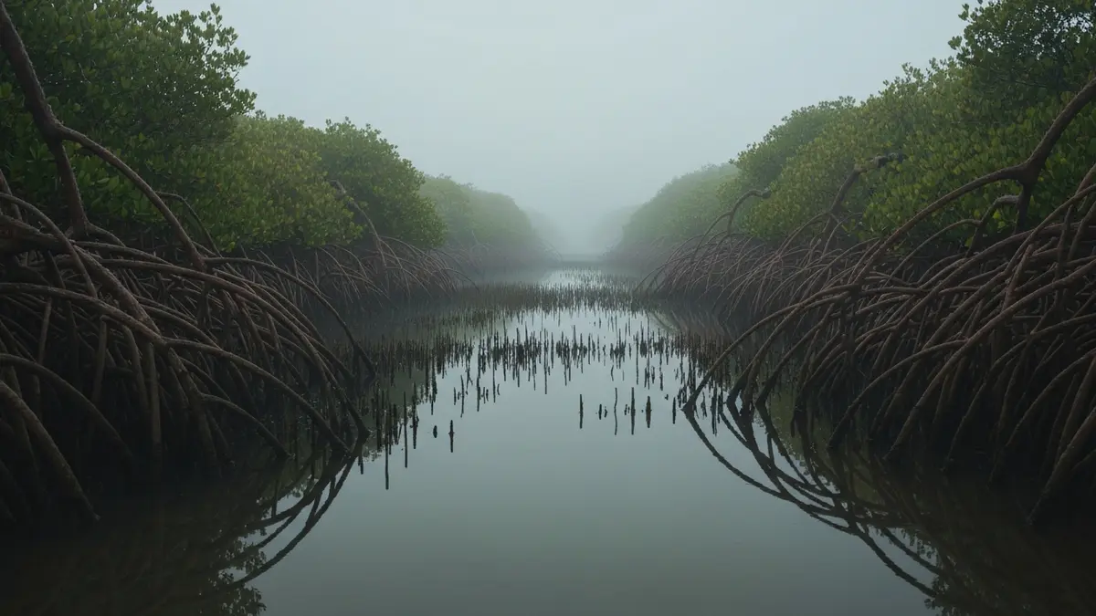 Los manglares y esteros del Pacífico, un laberinto real de agua y raíces donde nace la leyenda.