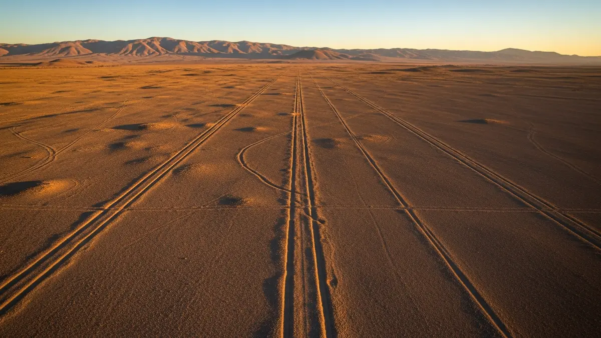 Largas líneas rectas de Nazca cruzando la pampa desértica hacia el horizonte al atardecer.