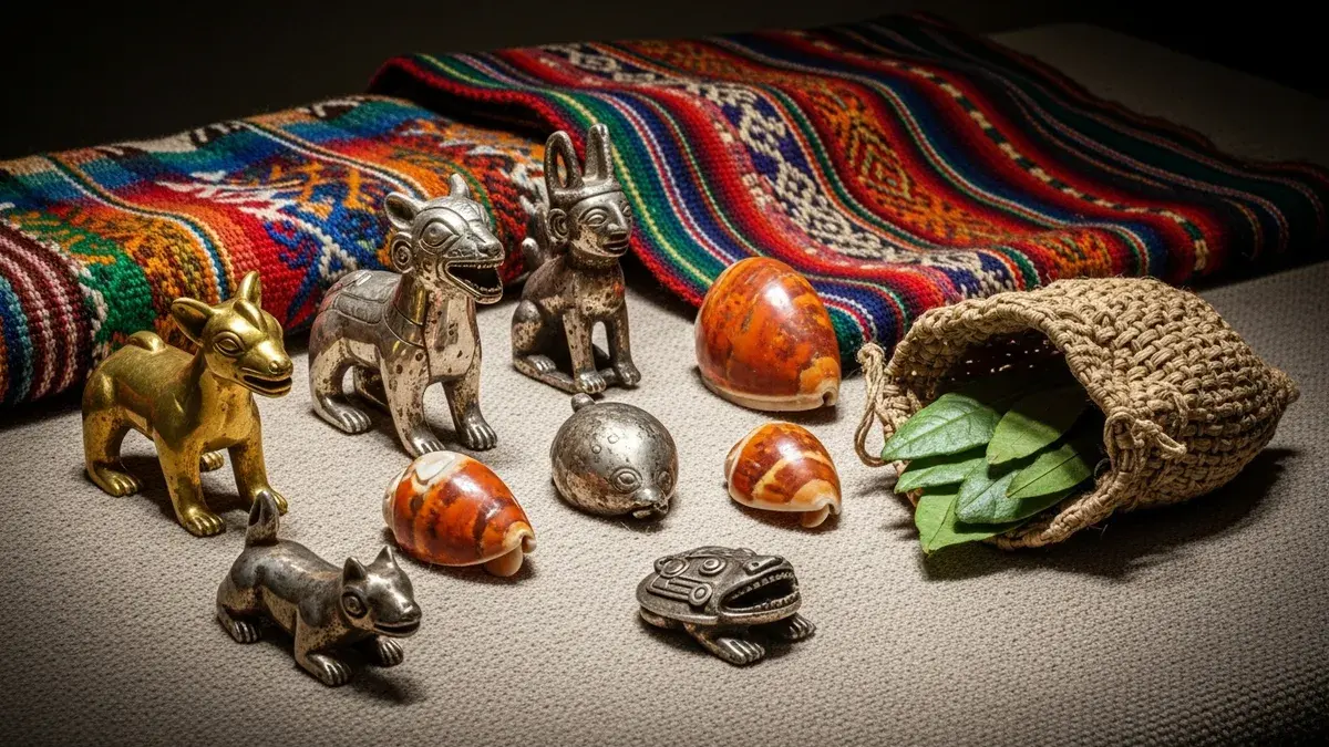 Réplica del ajuar funerario inca: estatuillas de oro y plata, textiles finos y bolsas con hojas de coca, semejantes a las que acompañaban a los niños.