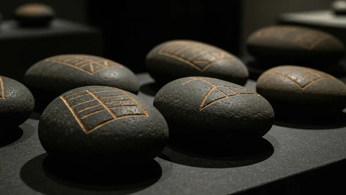 Cantos rodados de andesita grabados, exhibidos en penumbra. Cantos rodados de andesita grabados, exhibidos en penumbra.