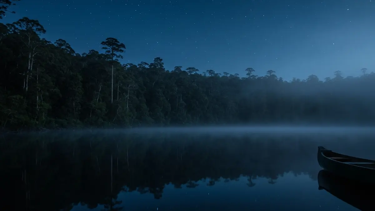 Las aguas oscuras de una cocha amazonica al atardecer, donde la creencia situa la entrada al mundo subacuatico del Yacuruna.